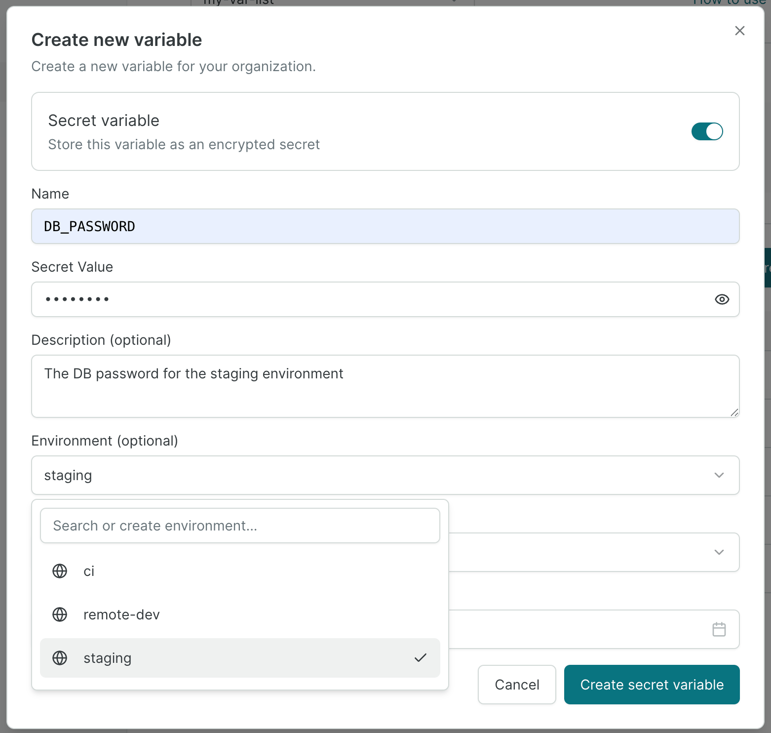 A list of remote variables/secrets
